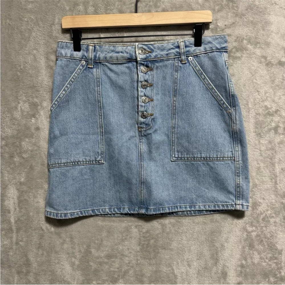 NWT Topshop Jean Skirt Women's Size 8 Blue Mini Button Fly Pockets Faded Denim